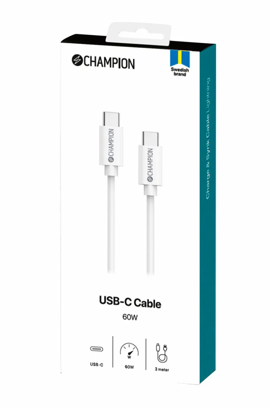 Champion Nordic USB-C-kabel 60W 3 m^ Mobiltelefoner, Tablets & Tilbehør