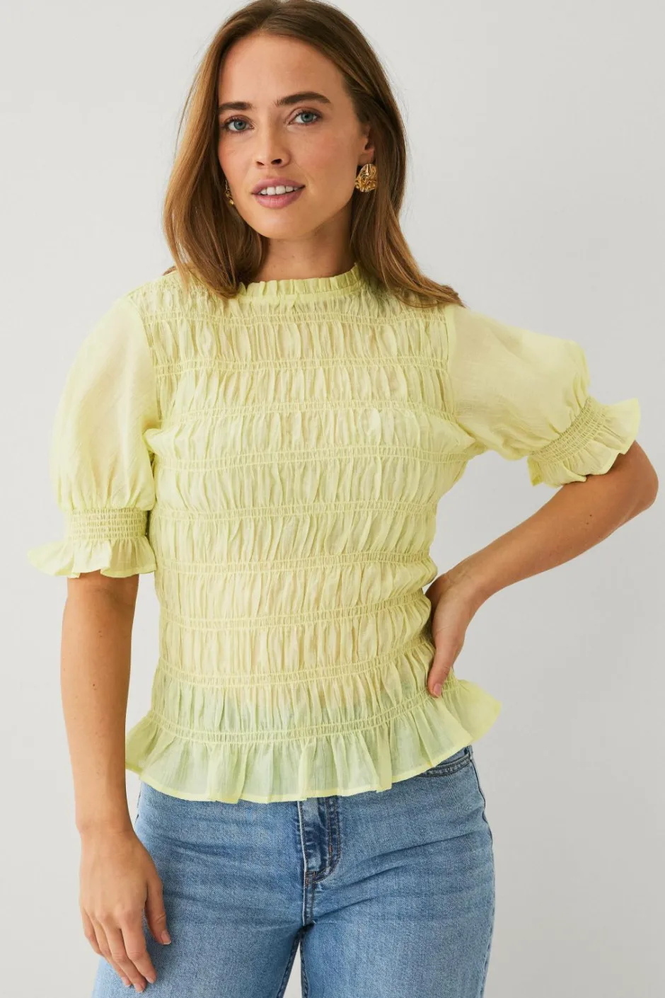 Ellos Collection Bluse med smock og pufærmer^Dame Skjorter & Bluser