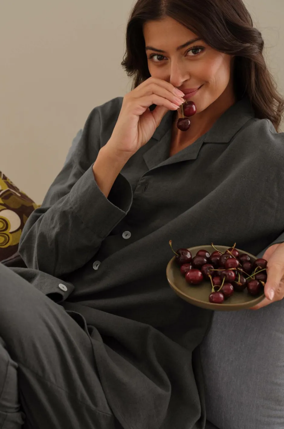 Ellos Home Pyjamasskjorte Long Sleeve Shirt Elly i genanvendt halvlinned^ Homewear