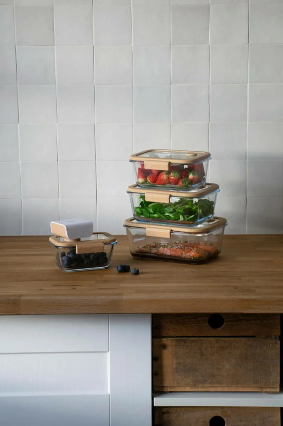 Best 5 stk. sæt: 4 rektangulære kasser & luftvakuumpumpe Køkkenopbevaring