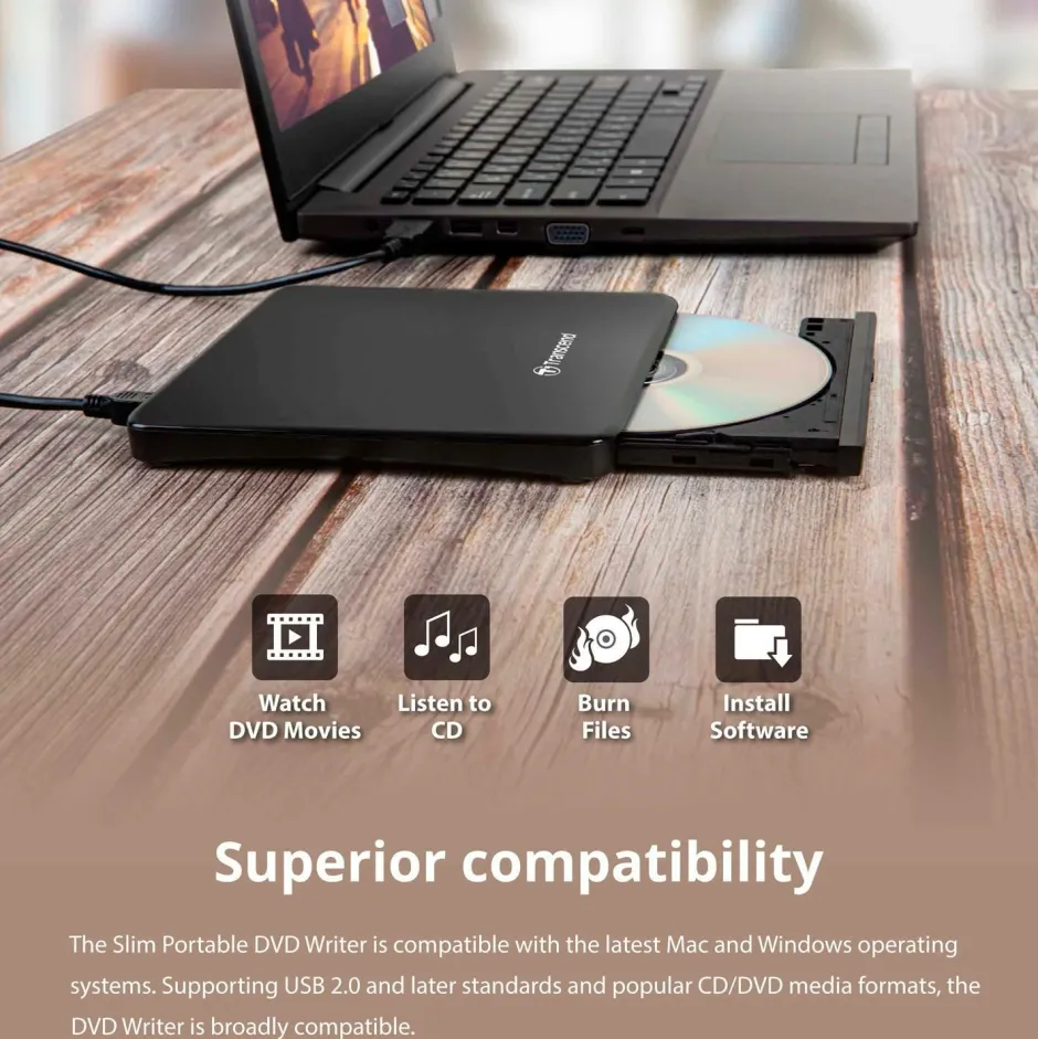 Transcend Ekstern Slim CD/DVD Brænder (TS8XDVDS-K)^ Computertilbehør